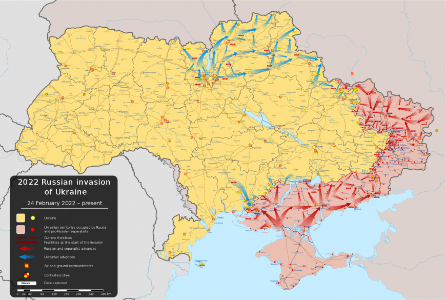 Aktuální pozice ruských jednotek. Mapa: <a href="https://commons.wikimedia.org/wiki/File:2022_Russian_invasion_of_Ukraine.svg">Viewsridge/Wikimedia</a>
