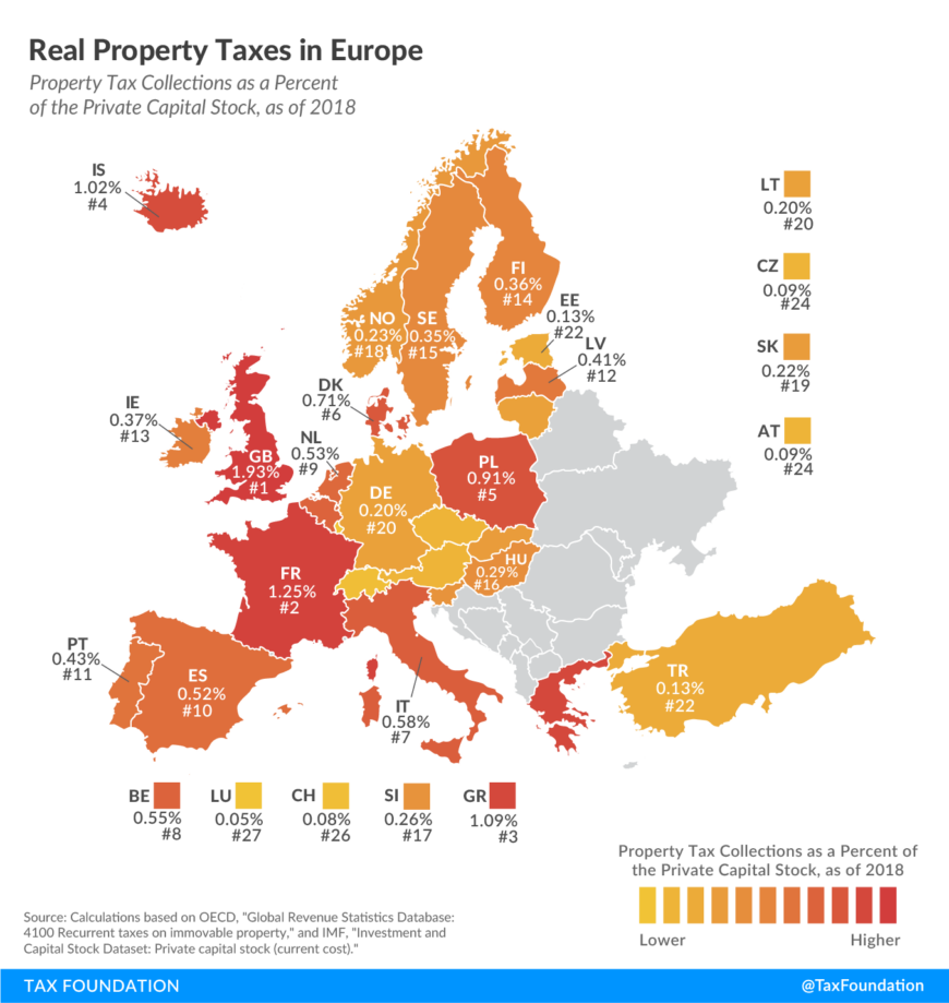 Zdanění nemovitostí v Evropě. Zdroj: https://taxfoundation.org/real-property-taxes-in-europe-2020/